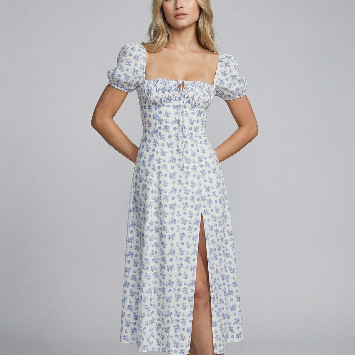 Madeline | Floral Puff Sleeve Boho Midi Dress with Corset Bodice