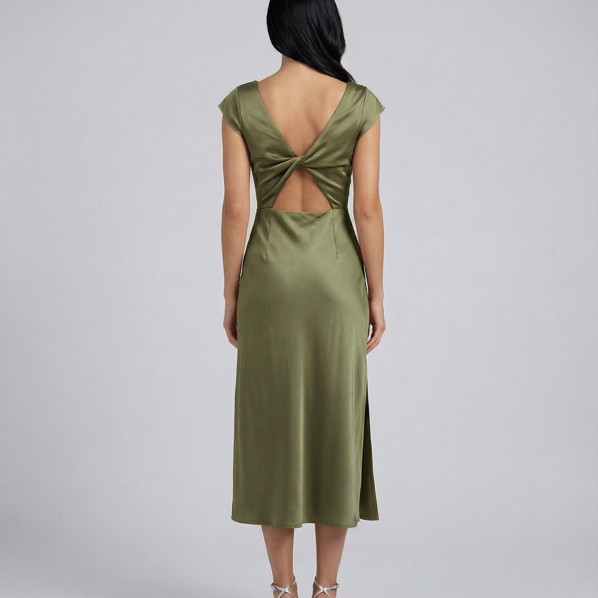 Jaime | Satin Midi Dress with Open Back Twist