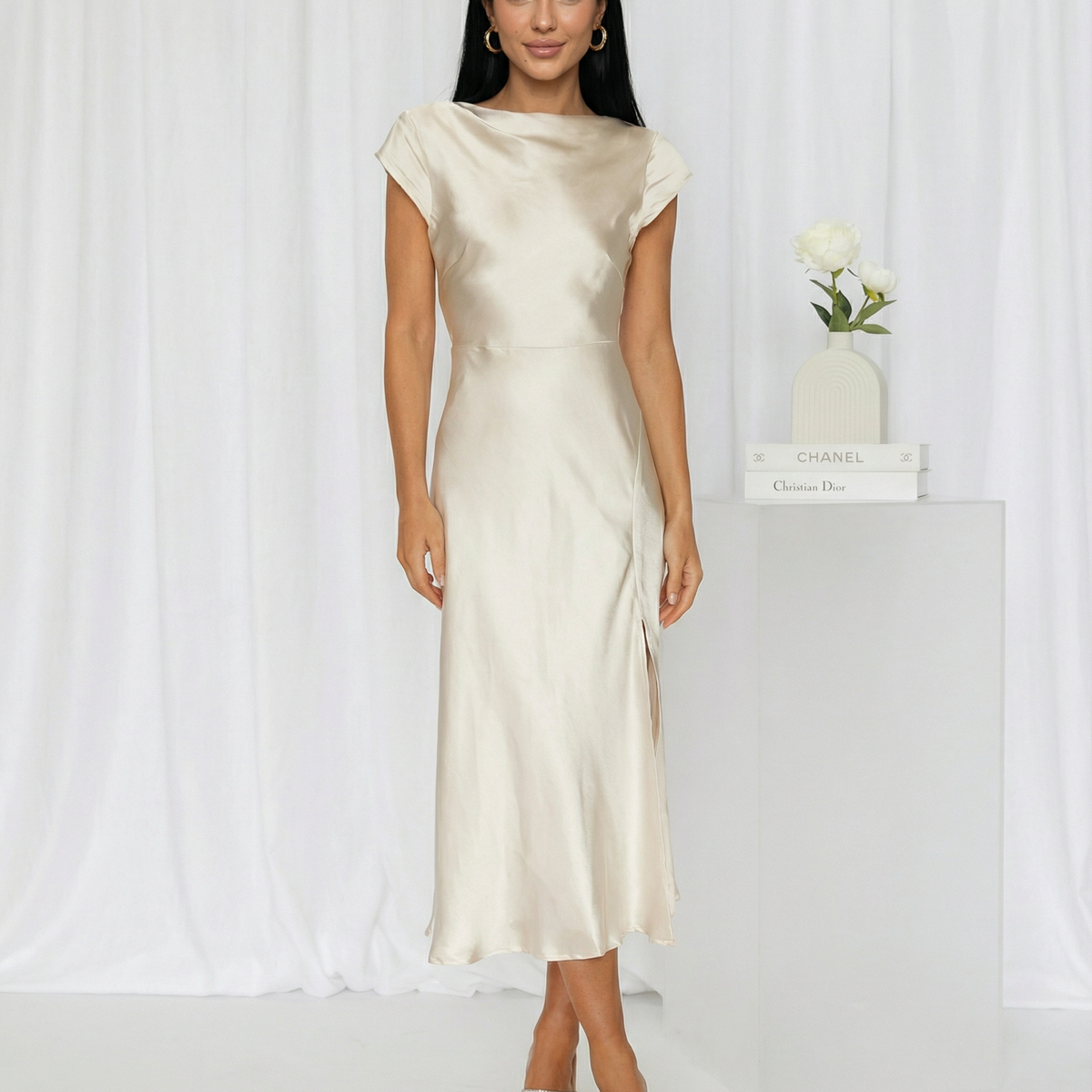 Jaime | Satin Midi Dress with Open Back Twist