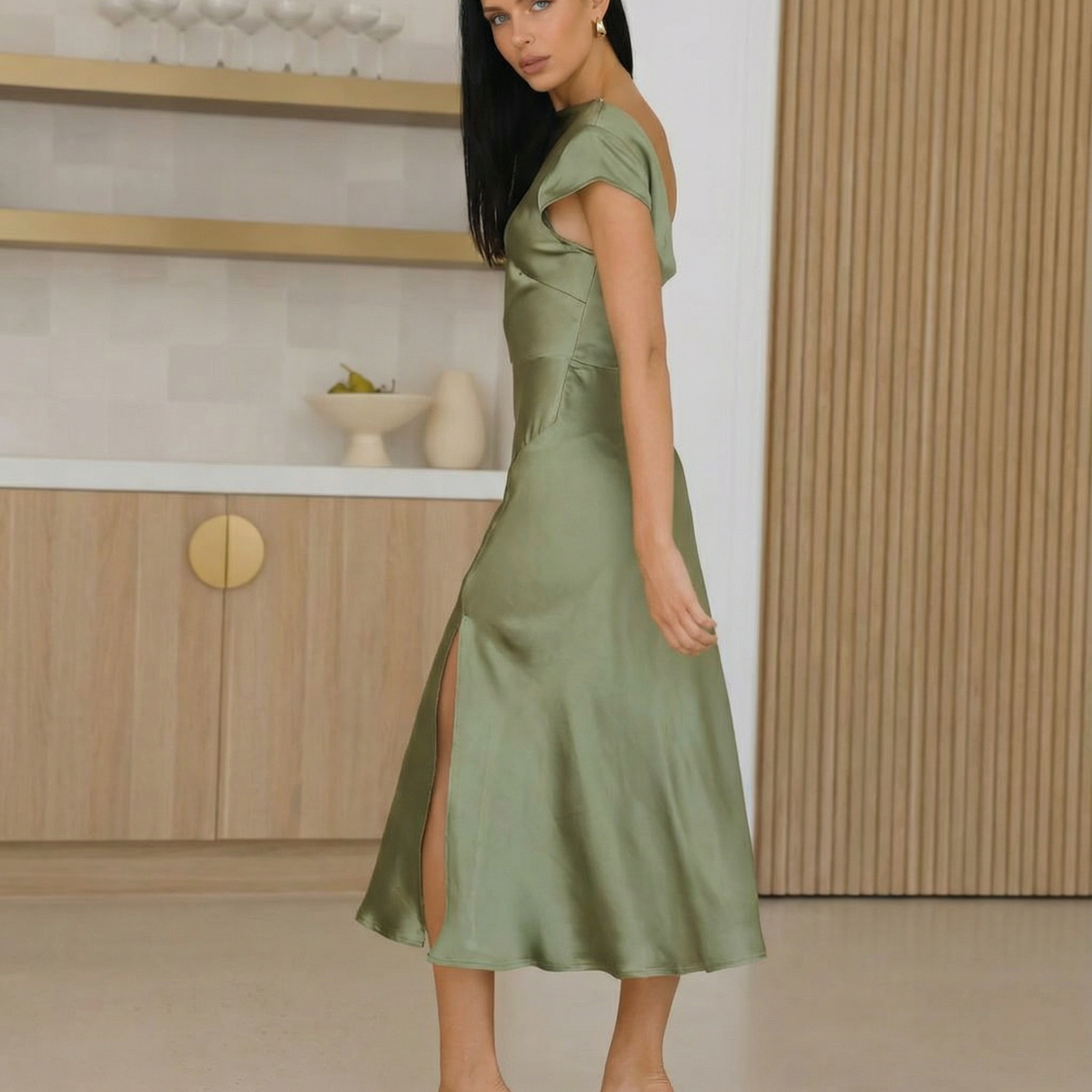Jaime | Satin Midi Dress with Open Back Twist