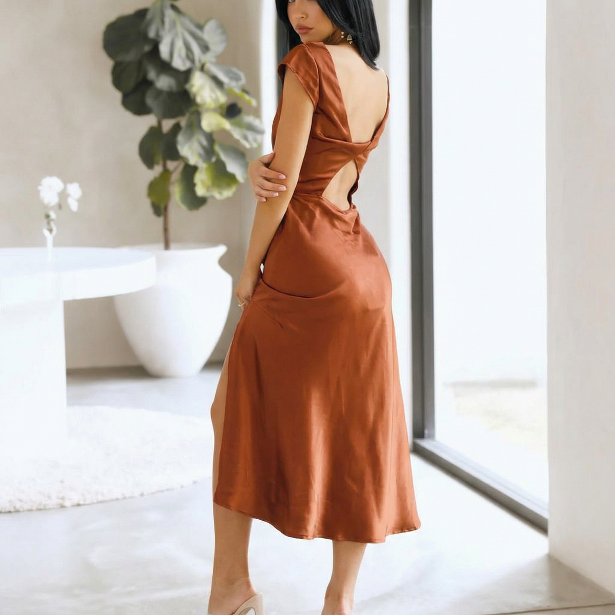 Jaime | Satin Midi Dress with Open Back Twist