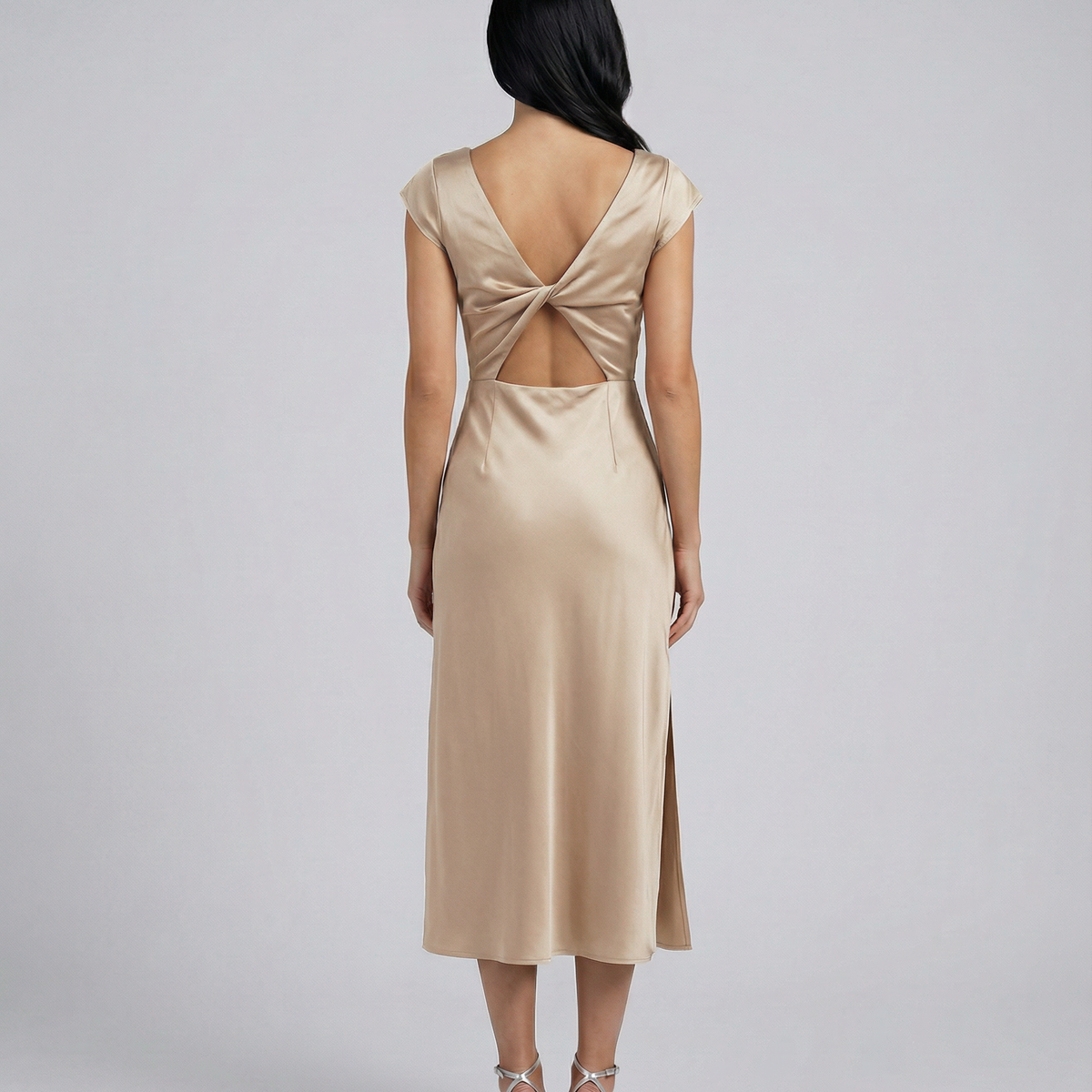 Jaime | Satin Midi Dress with Open Back Twist