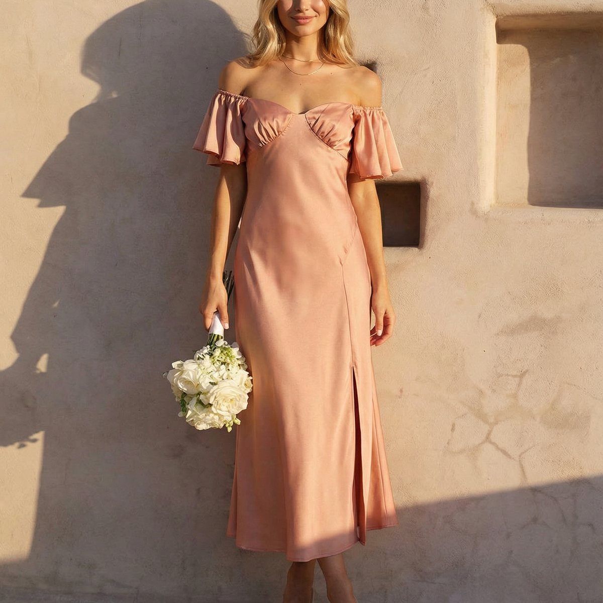 Louisa | Off Shoulder Midi Dress with Ruffle Sleeves
