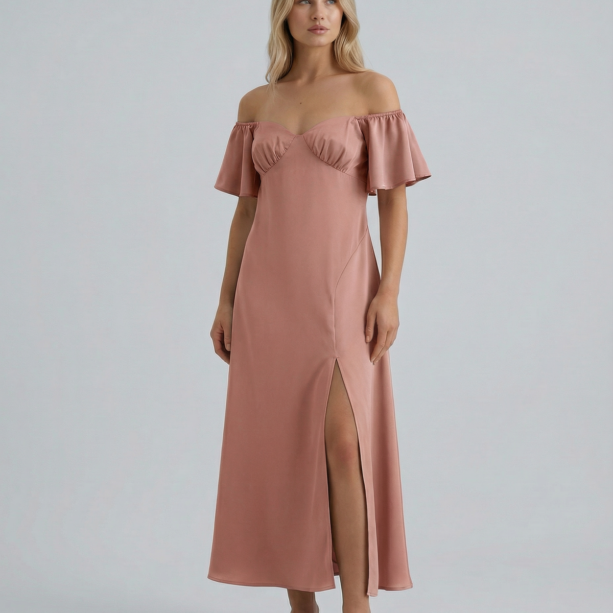 Louisa | Off Shoulder Midi Dress with Ruffle Sleeves