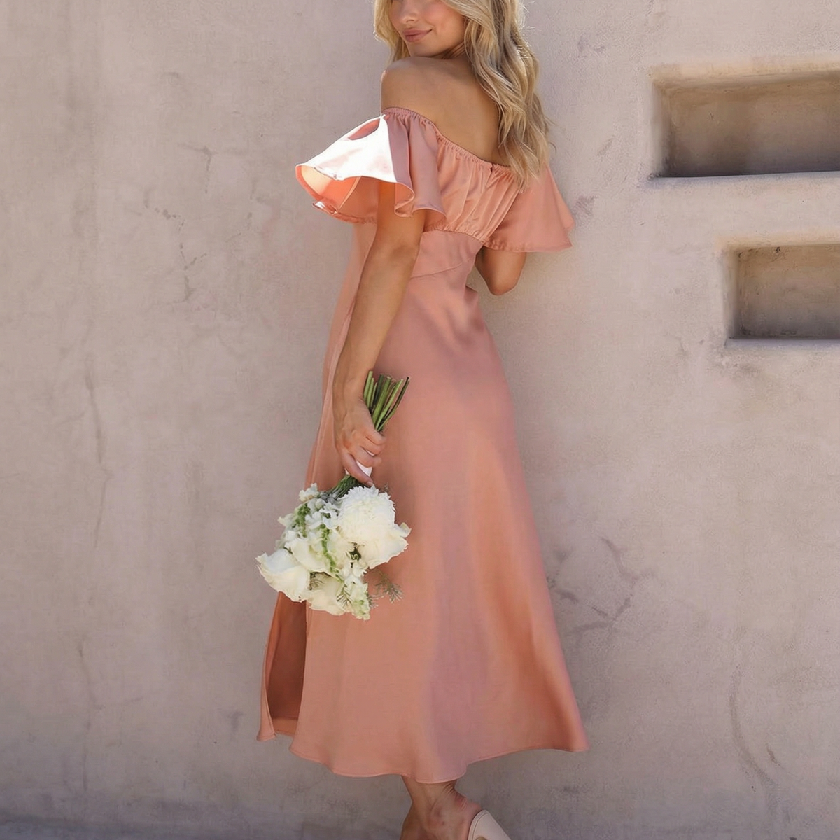 Louisa | Off Shoulder Midi Dress with Ruffle Sleeves