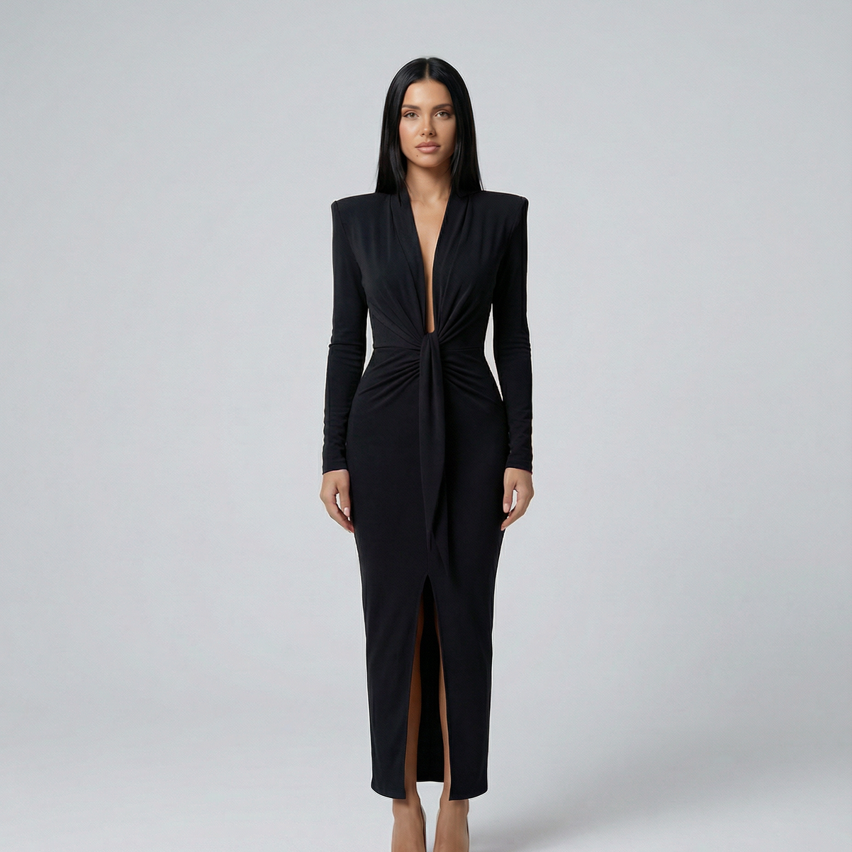 Rose | Long Sleeve Midi Dress with Front Knot Detail