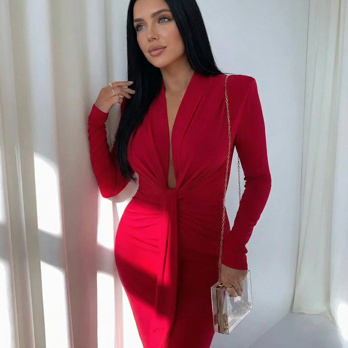 Rose | Long Sleeve Midi Dress with Front Knot Detail