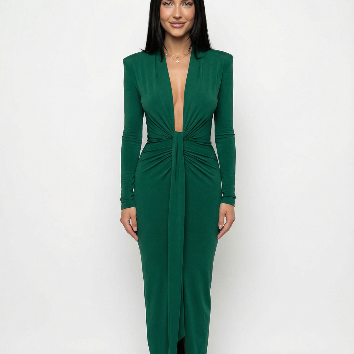 Rose | Long Sleeve Midi Dress with Front Knot Detail