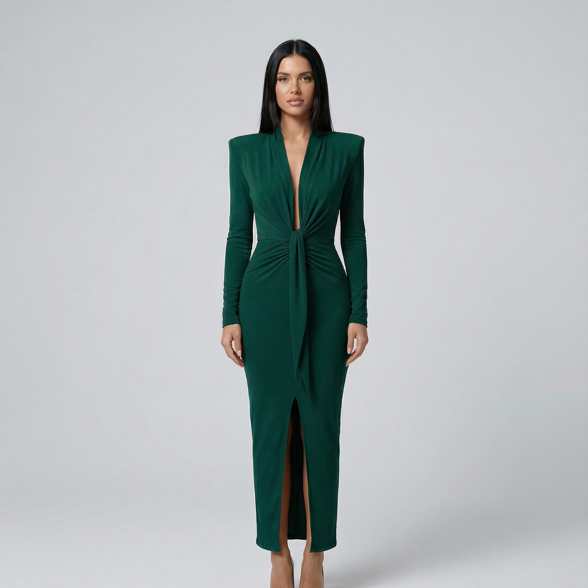 Rose | Long Sleeve Midi Dress with Front Knot Detail