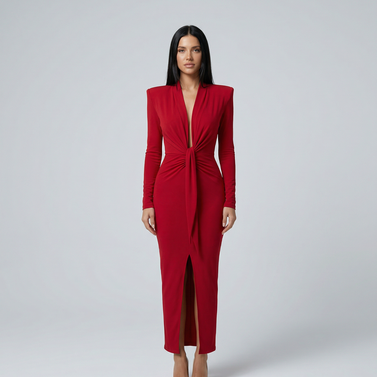 Rose | Long Sleeve Midi Dress with Front Knot Detail