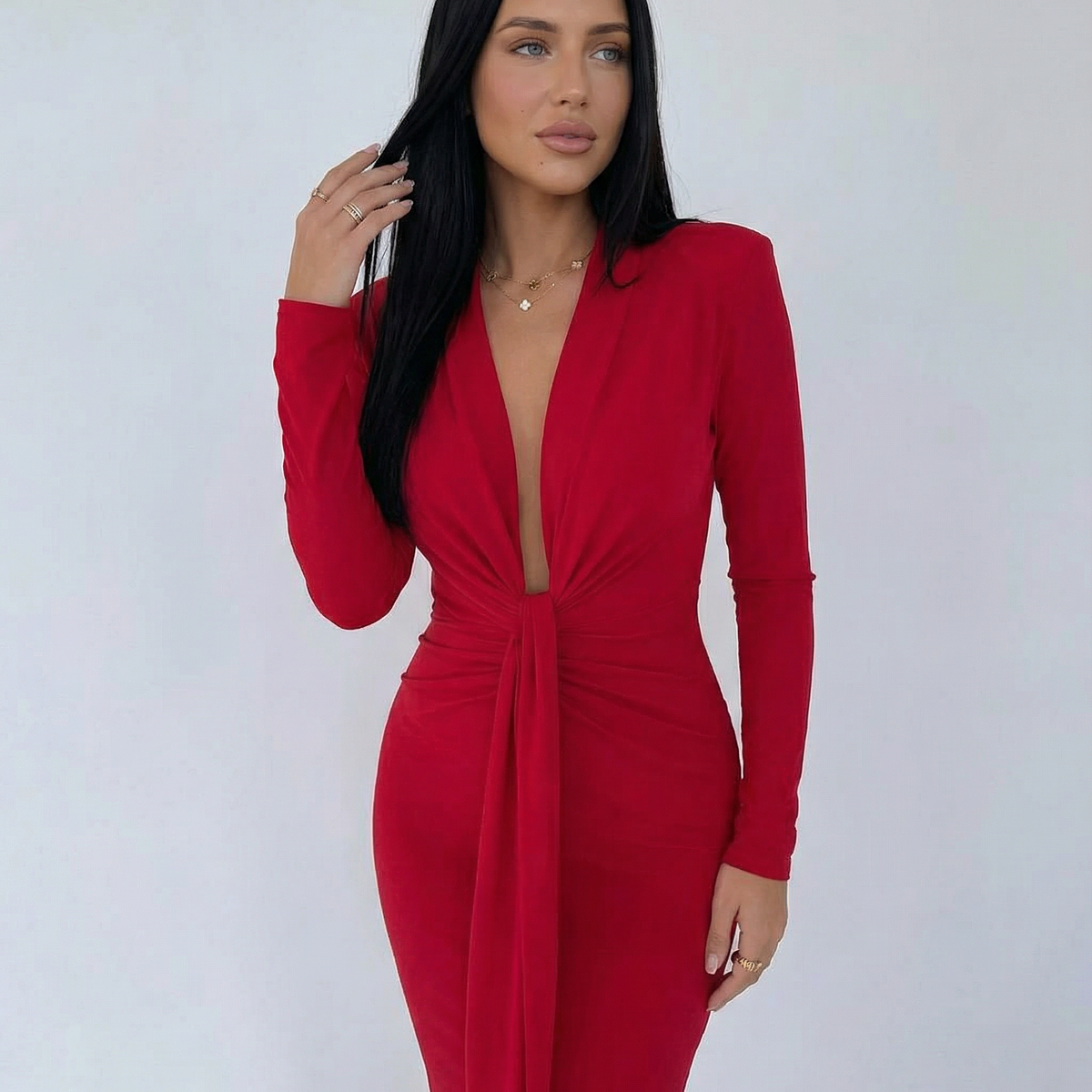 Rose | Long Sleeve Midi Dress with Front Knot Detail