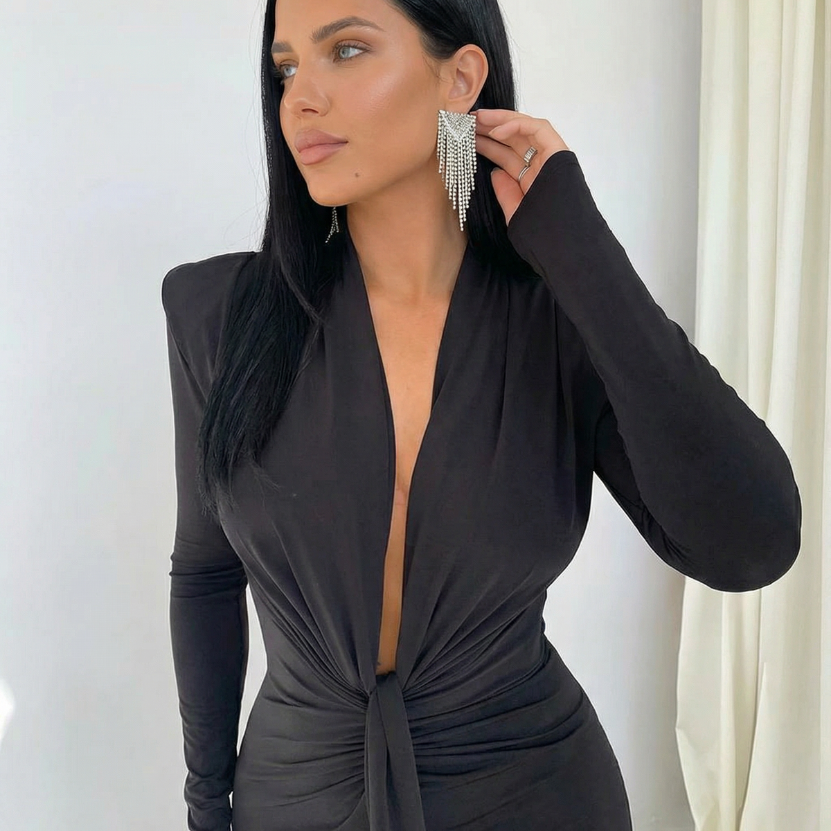 Rose | Long Sleeve Midi Dress with Front Knot Detail