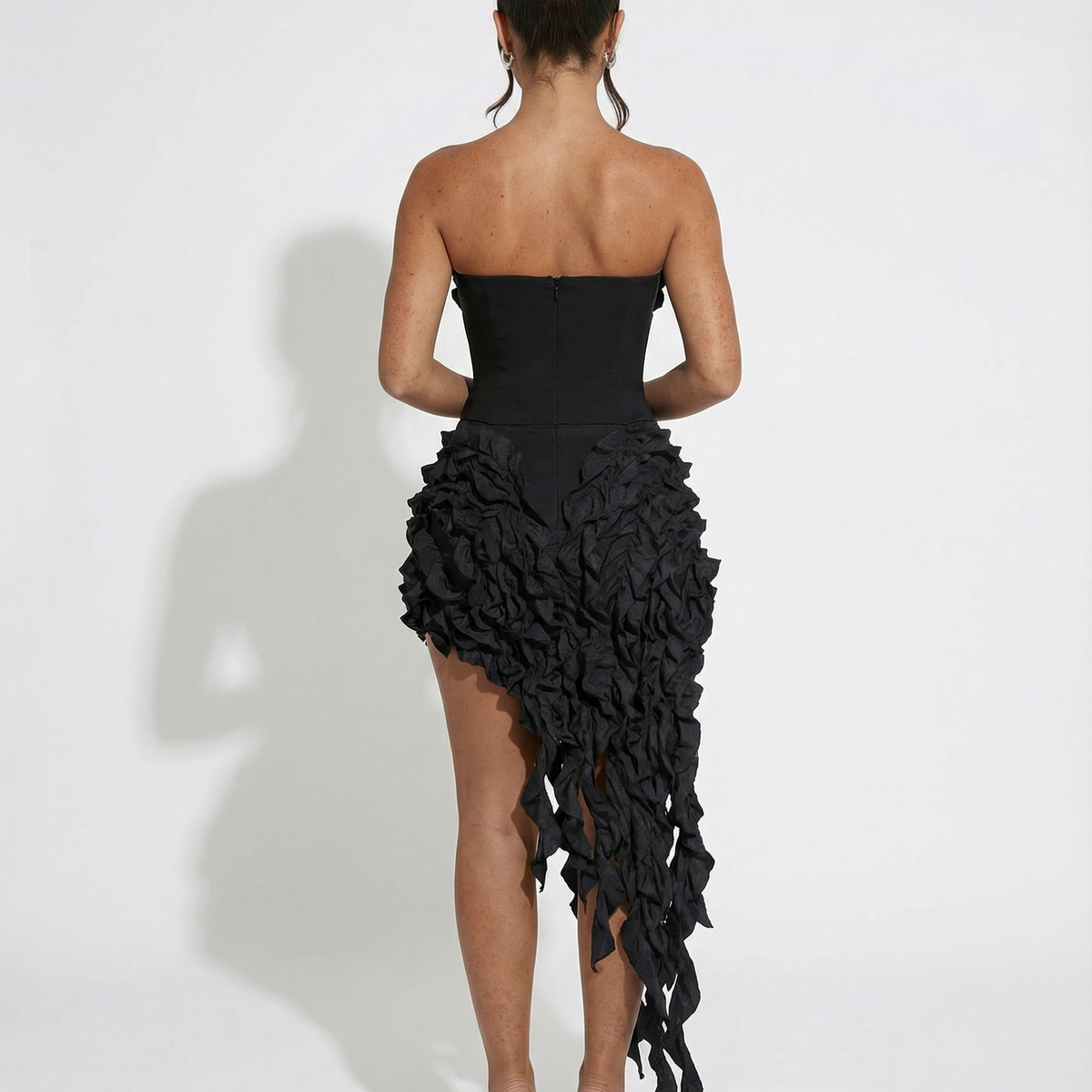 Trina | Strapless Midi Dress with Textured Ruffle Detail