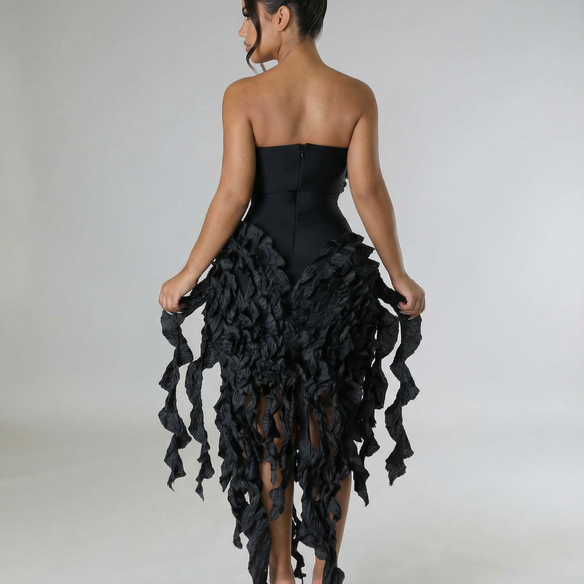 Trina | Strapless Midi Dress with Textured Ruffle Detail