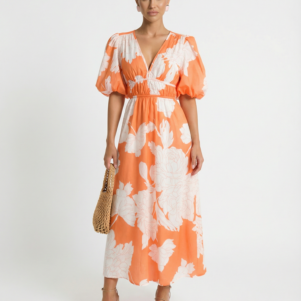 Lucille | Floral Midi Dress with Puff Sleeves