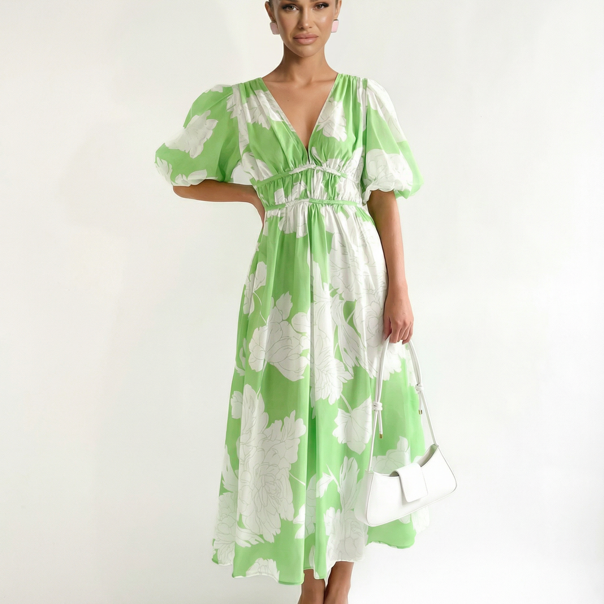 Lucille | Floral Midi Dress with Puff Sleeves