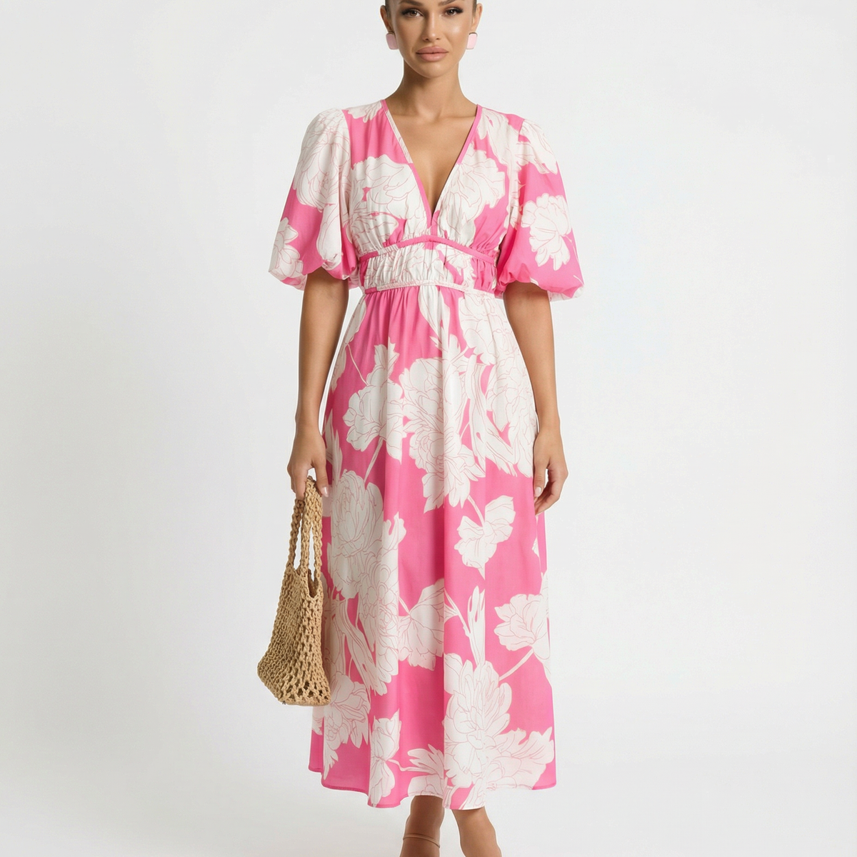 Lucille | Floral Midi Dress with Puff Sleeves