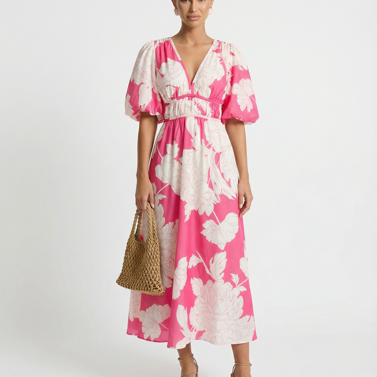 Lucille | Floral Midi Dress with Puff Sleeves