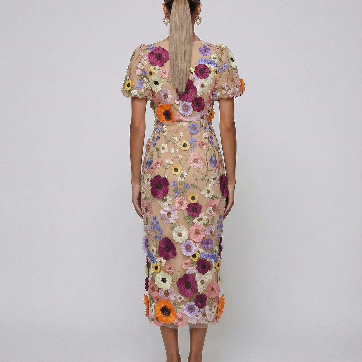 Bernice | V Neck Floral Embroidered Midi Dress