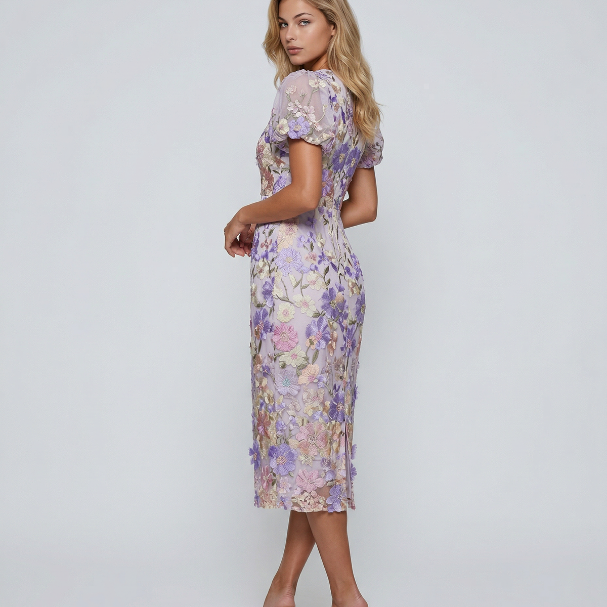 Bernice | V Neck Floral Embroidered Midi Dress