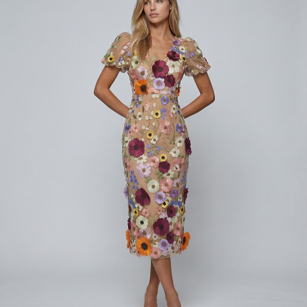 Bernice | V Neck Floral Embroidered Midi Dress