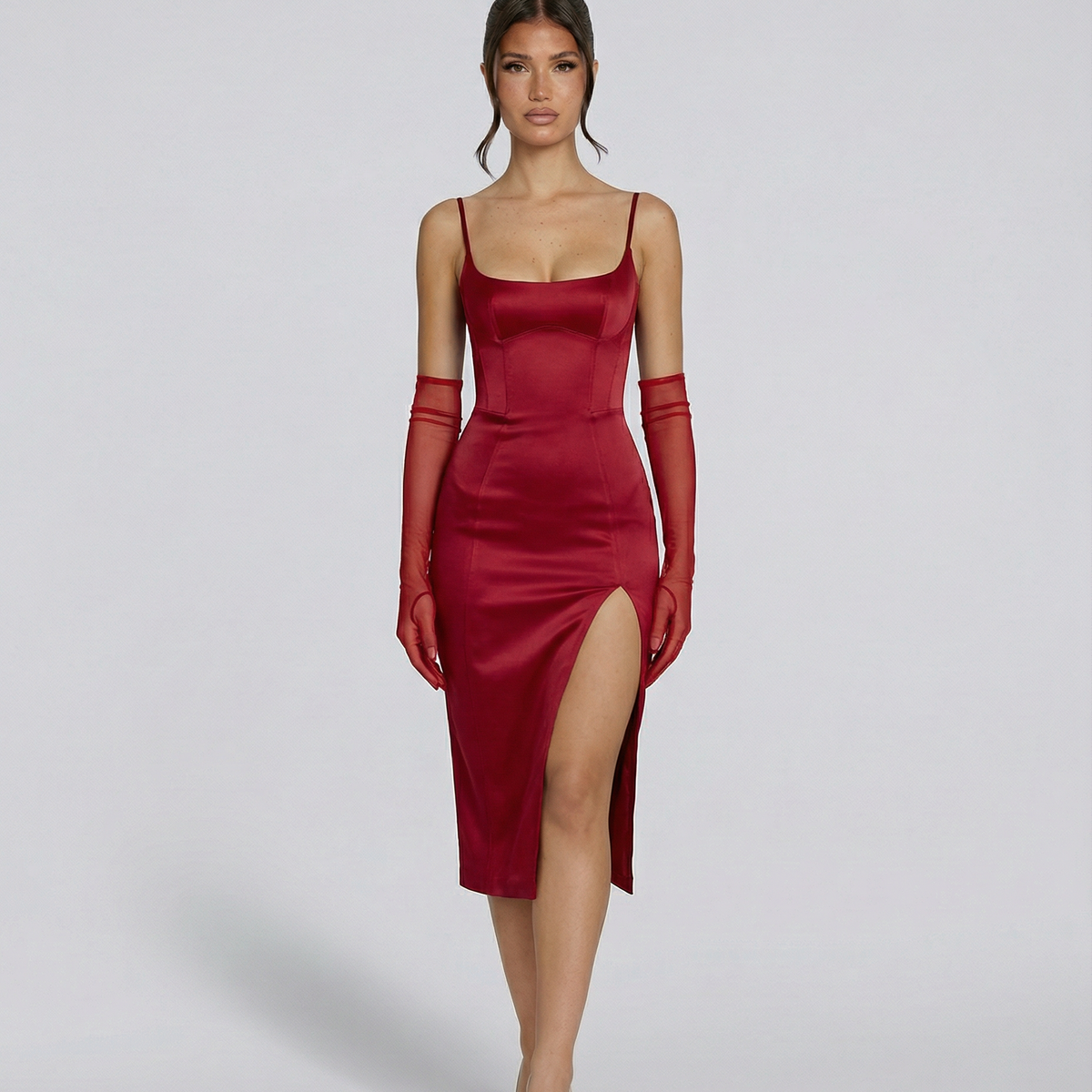 Regina | Satin Corset Midi Dress with Side Slit