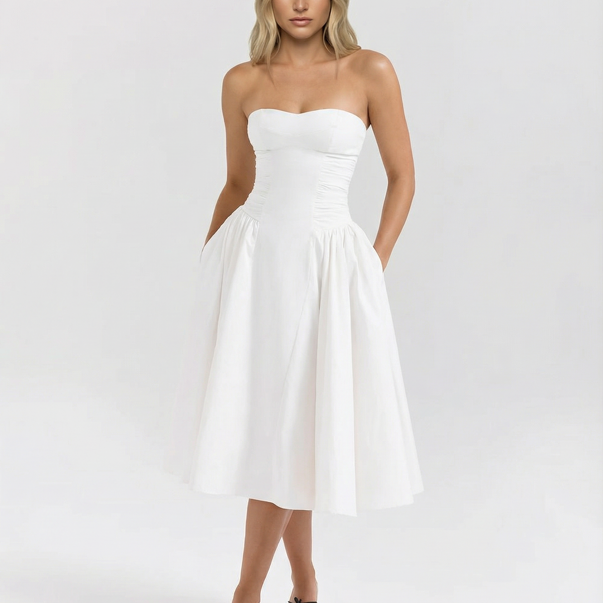 Ellen | Strapless Midi Dress with Gathered Skirt