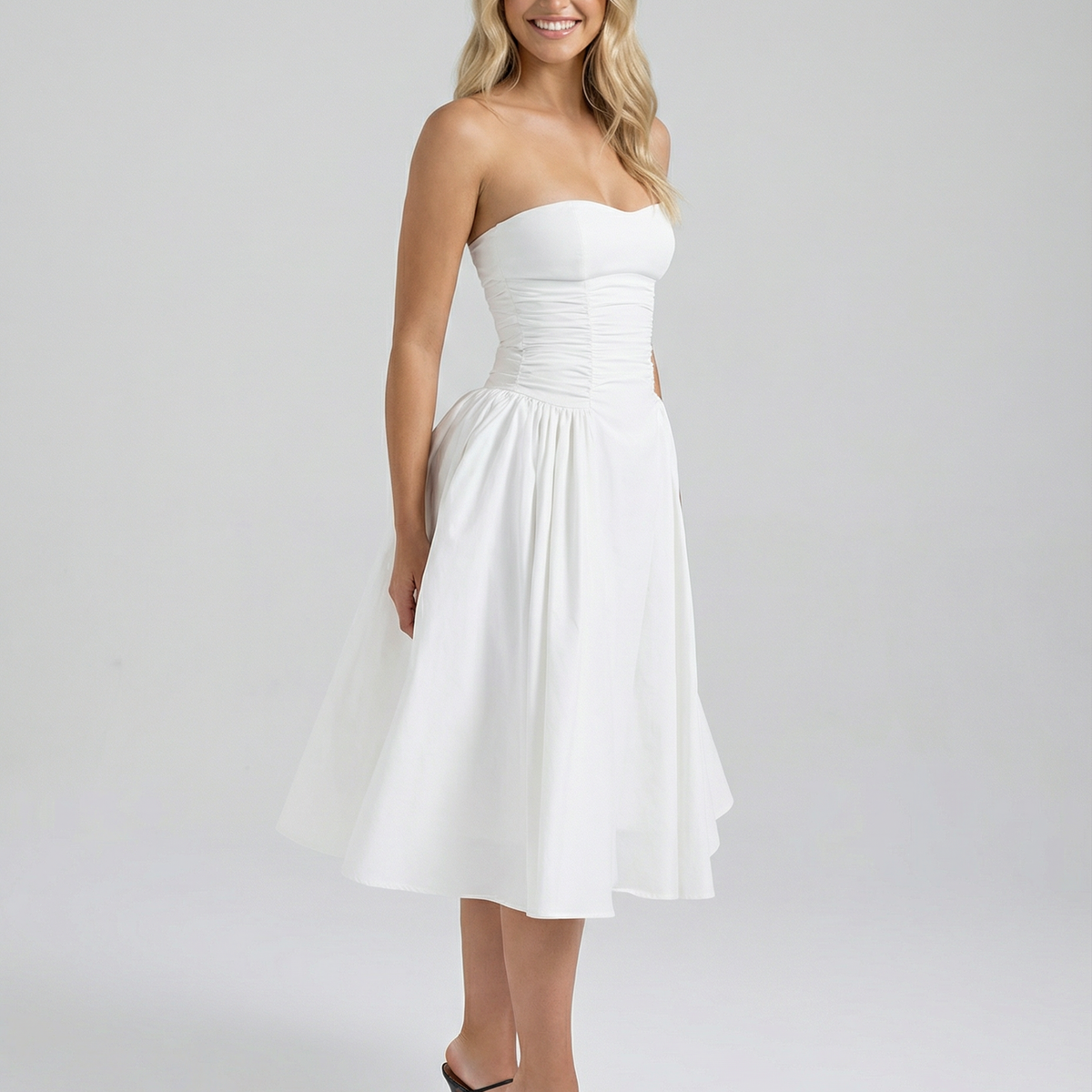 Ellen | Strapless Midi Dress with Gathered Skirt