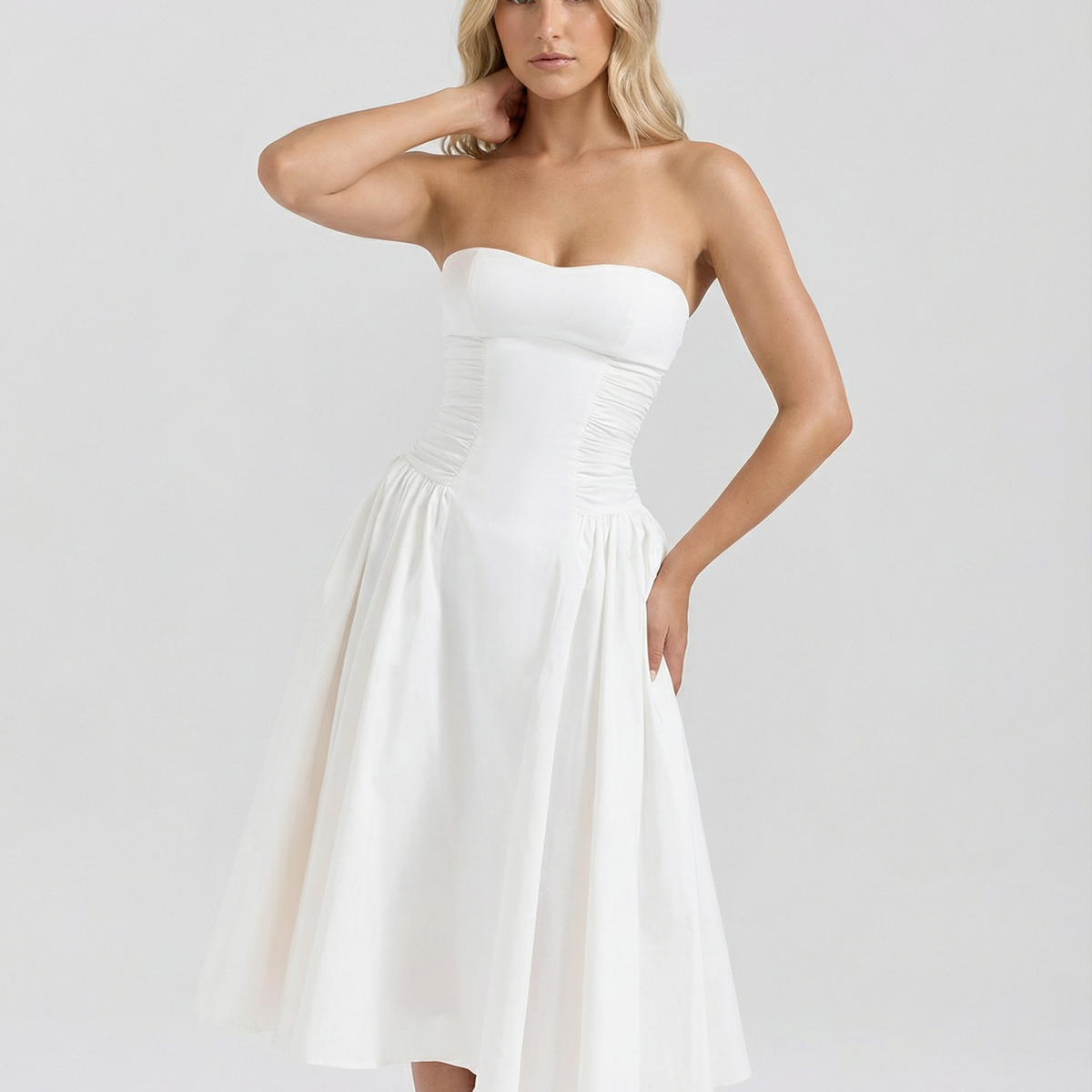 Ellen | Strapless Midi Dress with Gathered Skirt