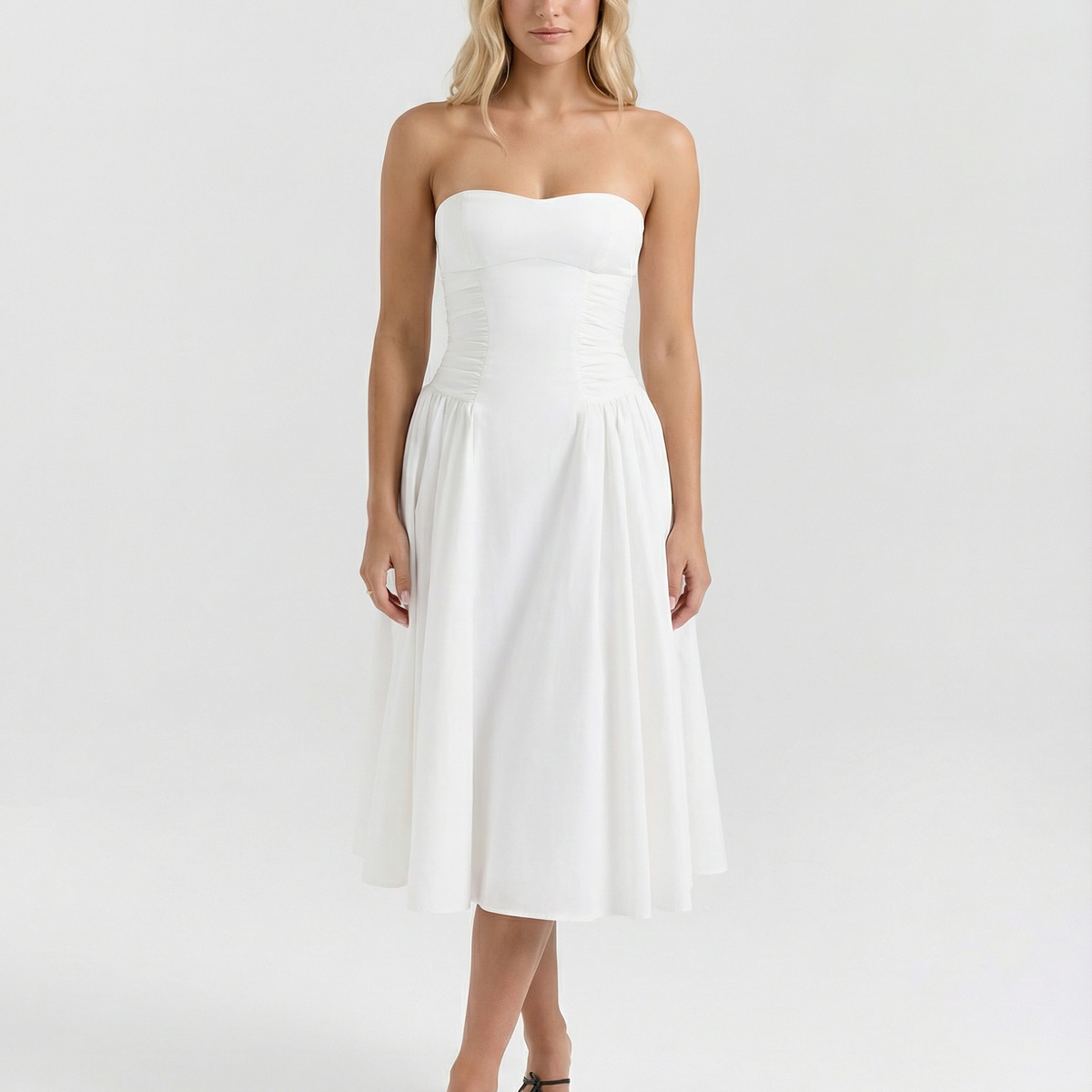 Ellen | Strapless Midi Dress with Gathered Skirt