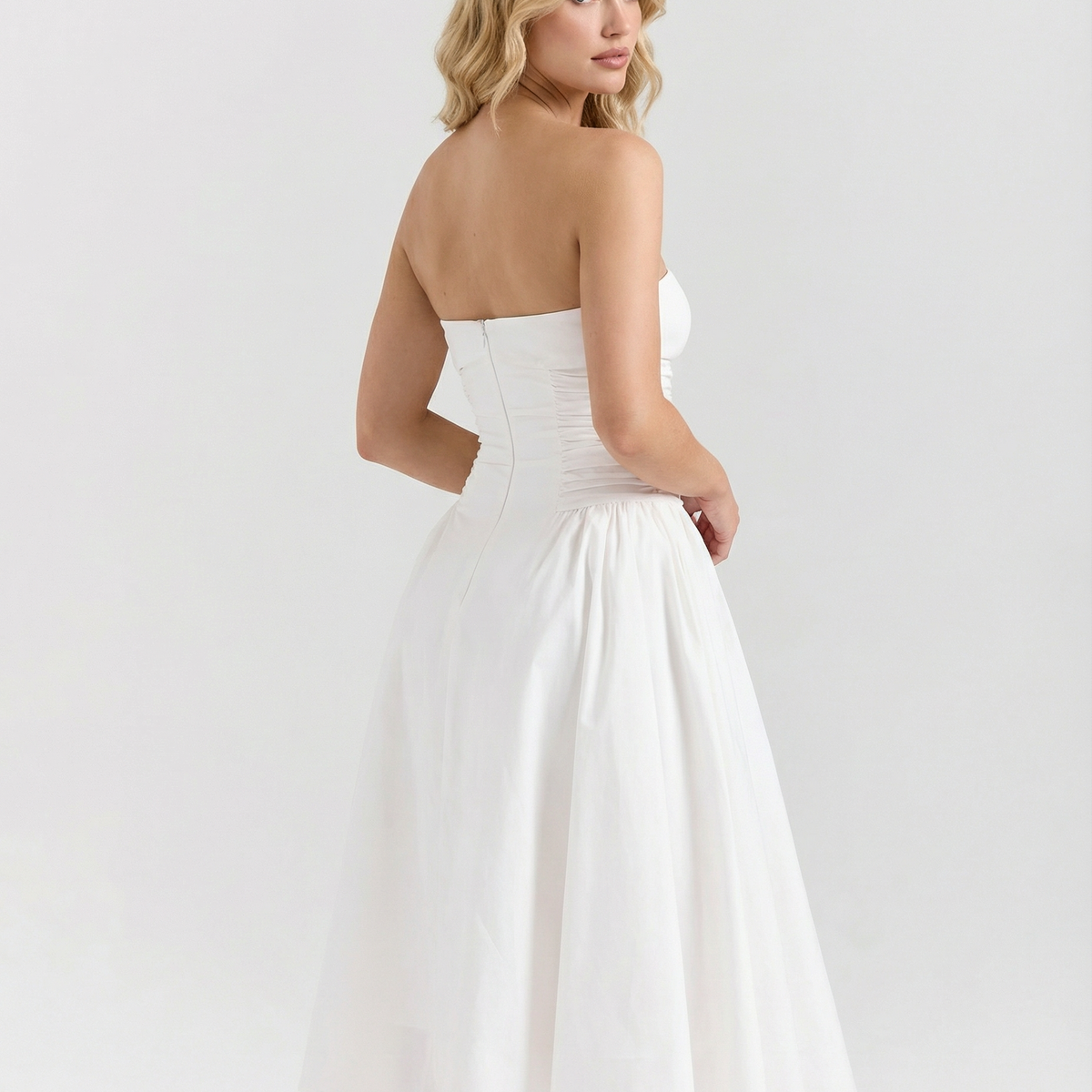 Ellen | Strapless Midi Dress with Gathered Skirt