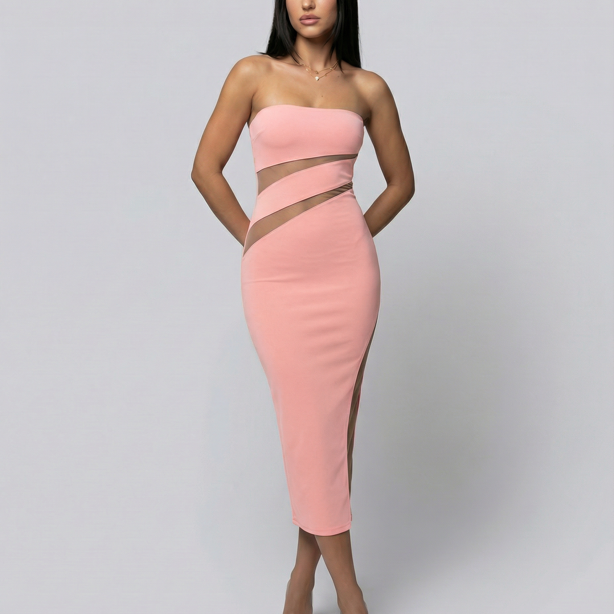 Ashley | Strapless Midi Dress with Sheer Cut-Out Panels