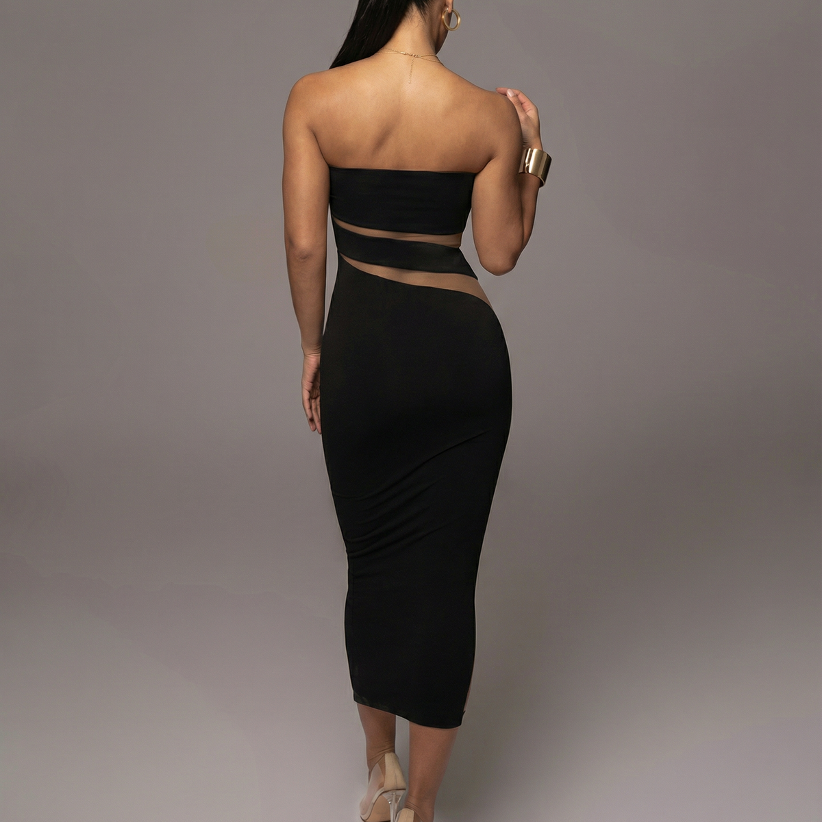 Ashley | Strapless Midi Dress with Sheer Cut-Out Panels
