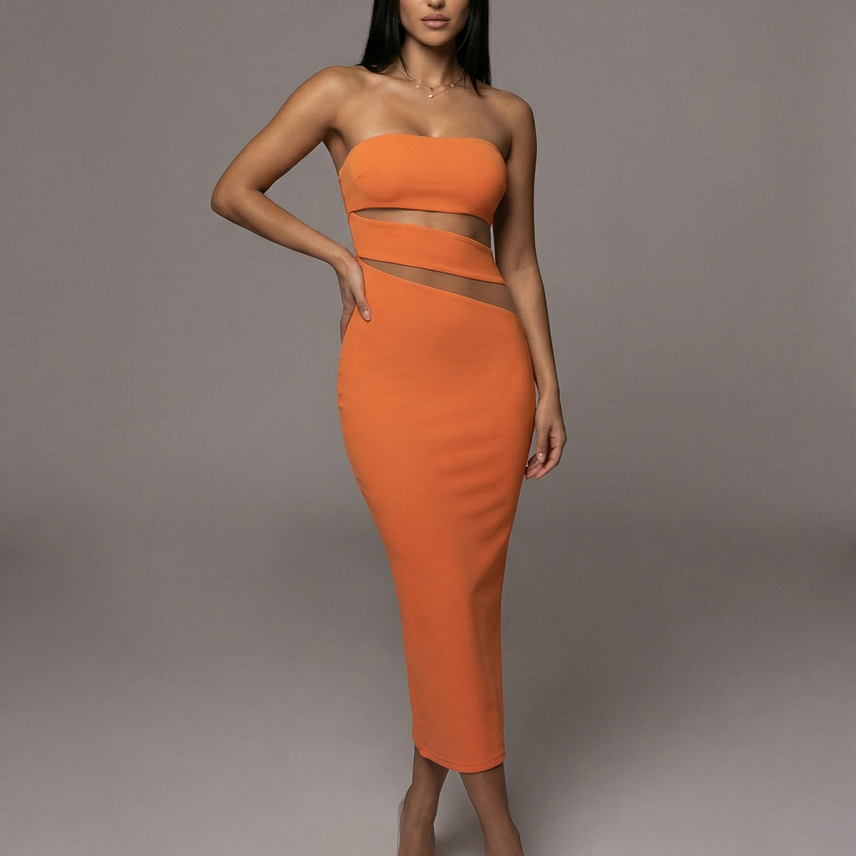 Ashley | Strapless Midi Dress with Sheer Cut-Out Panels