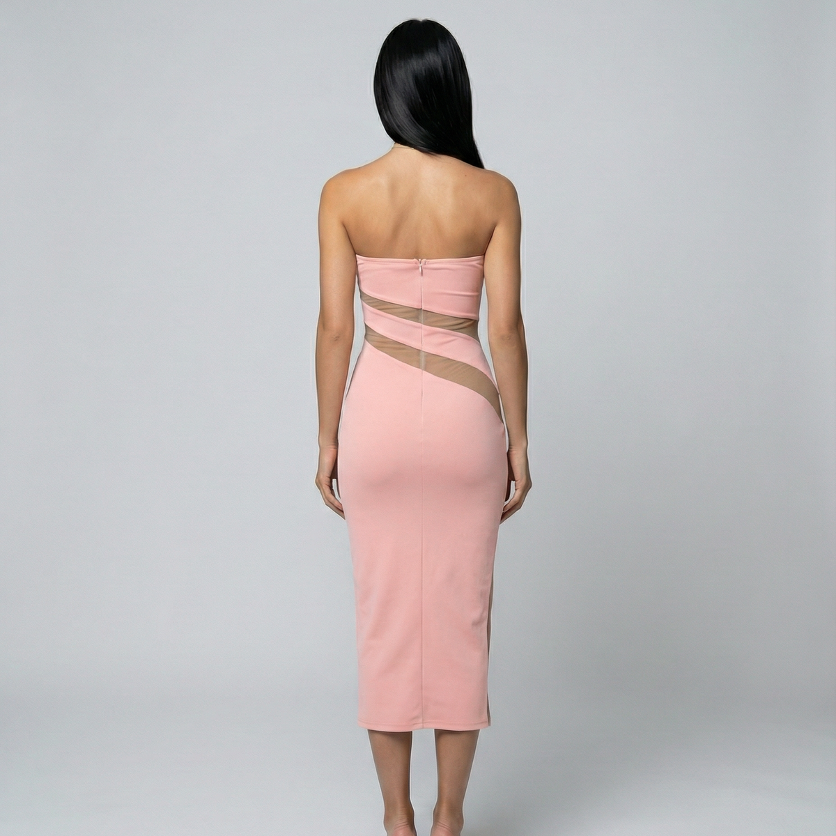 Ashley | Strapless Midi Dress with Sheer Cut-Out Panels
