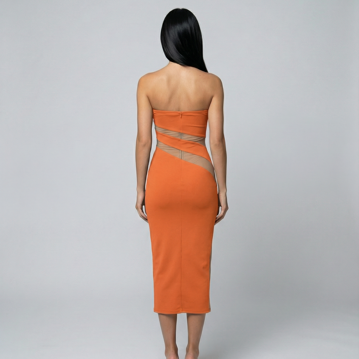 Ashley | Strapless Midi Dress with Sheer Cut-Out Panels