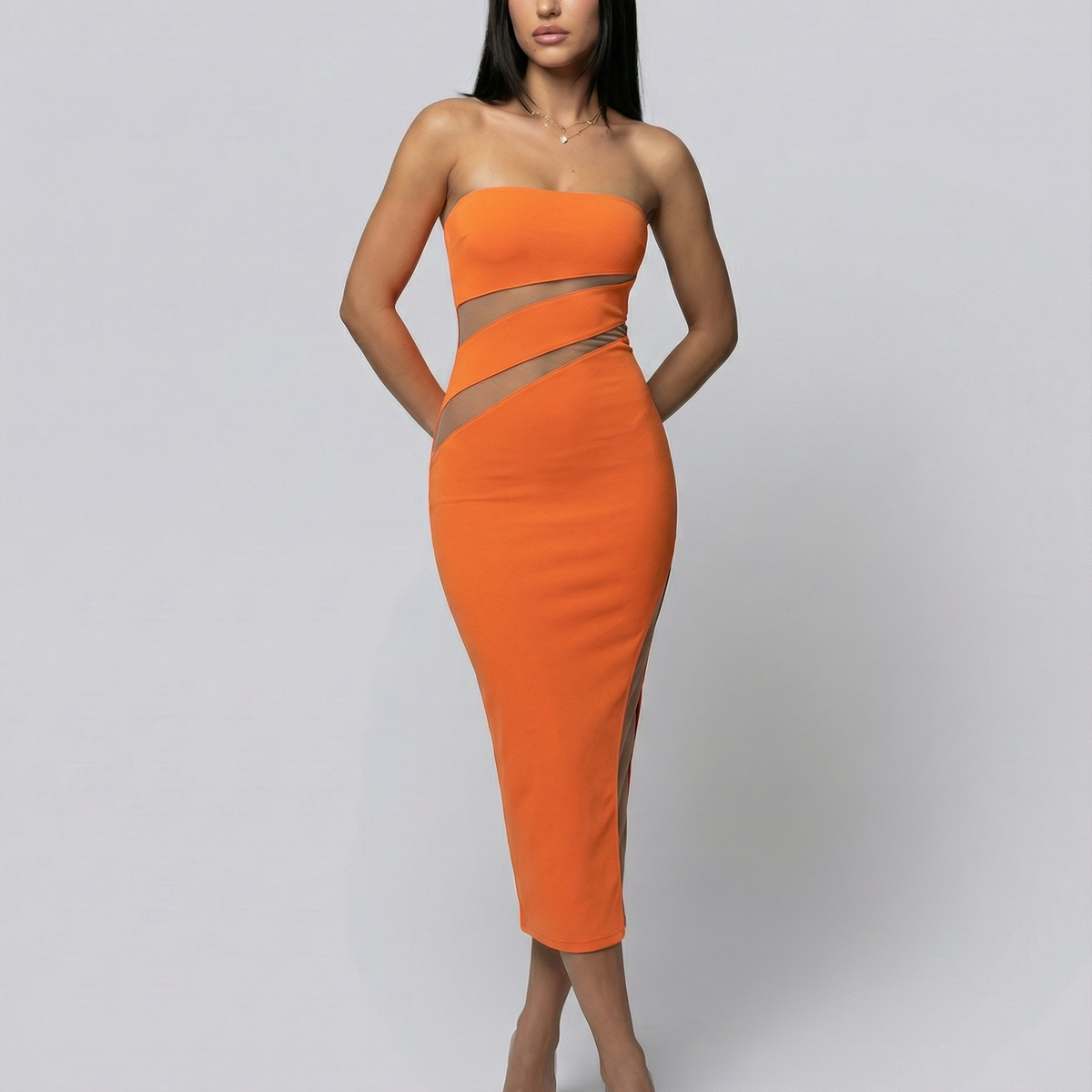 Ashley | Strapless Midi Dress with Sheer Cut-Out Panels