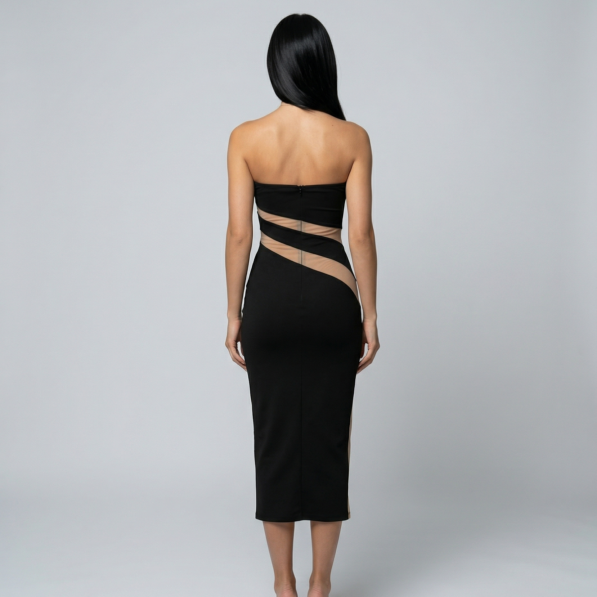 Ashley | Strapless Midi Dress with Sheer Cut-Out Panels