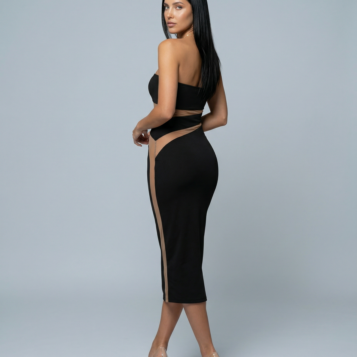 Ashley | Strapless Midi Dress with Sheer Cut-Out Panels