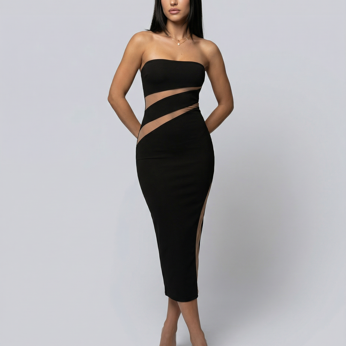Ashley | Strapless Midi Dress with Sheer Cut-Out Panels