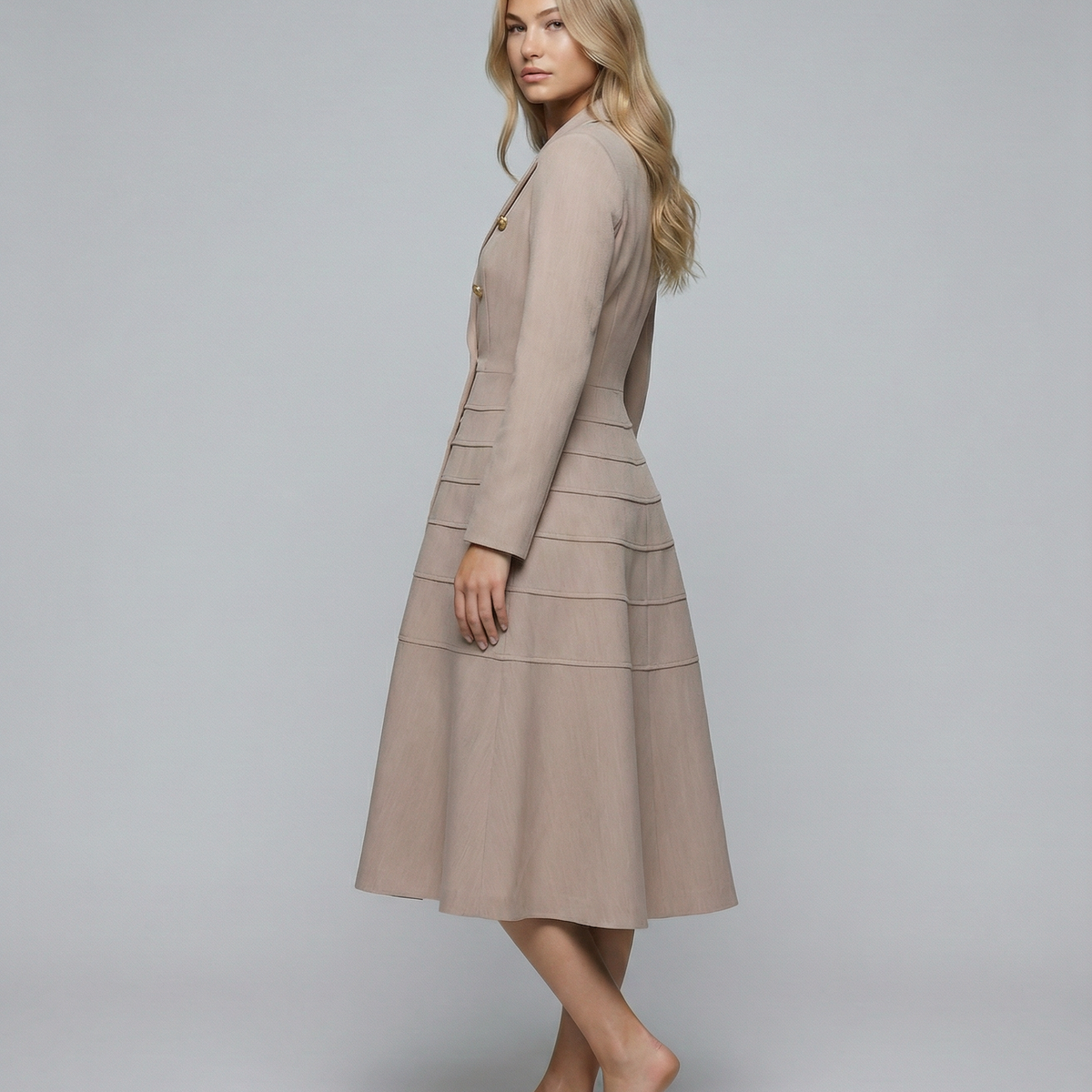 Vansa | Long Sleeve Midi Dress with Double-Breasted Front