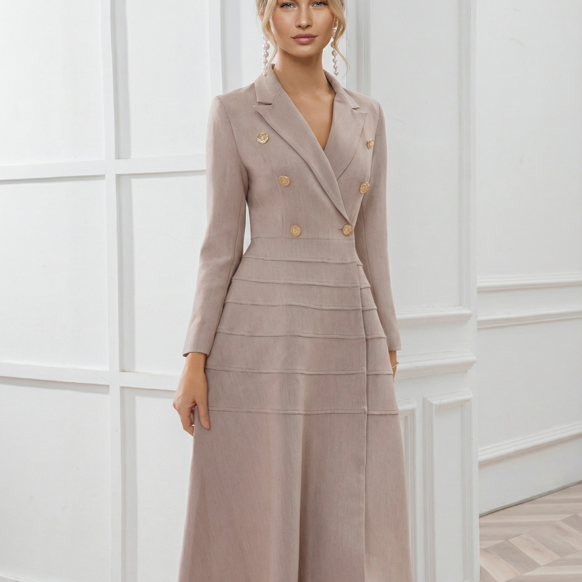 Vansa | Long Sleeve Midi Dress with Double-Breasted Front