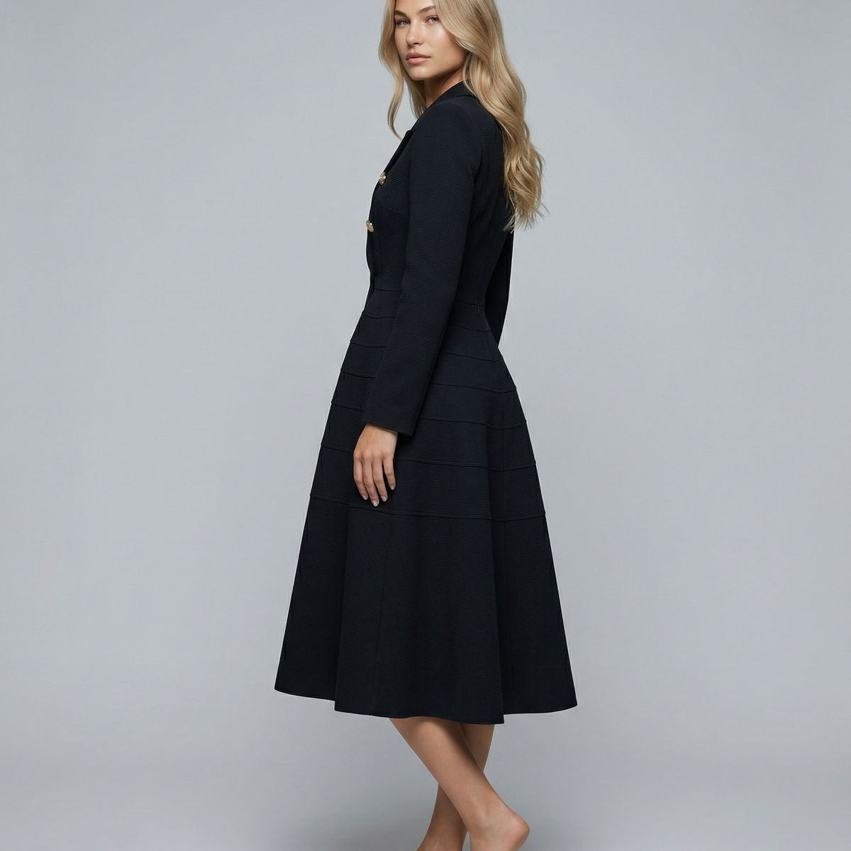 Vansa | Long Sleeve Midi Dress with Double-Breasted Front
