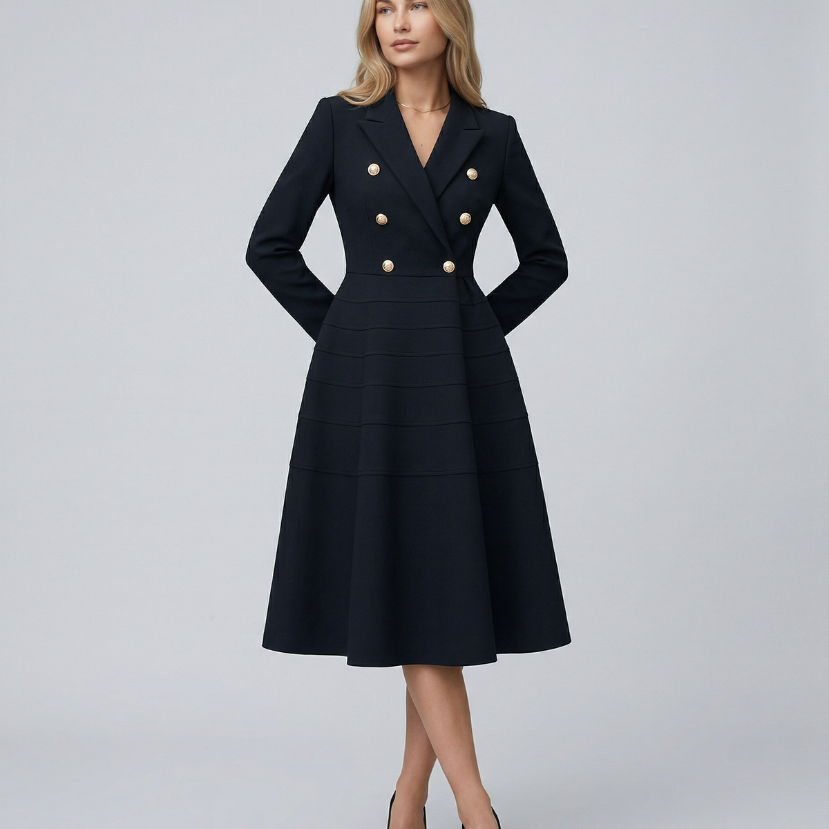 Vansa | Long Sleeve Midi Dress with Double-Breasted Front