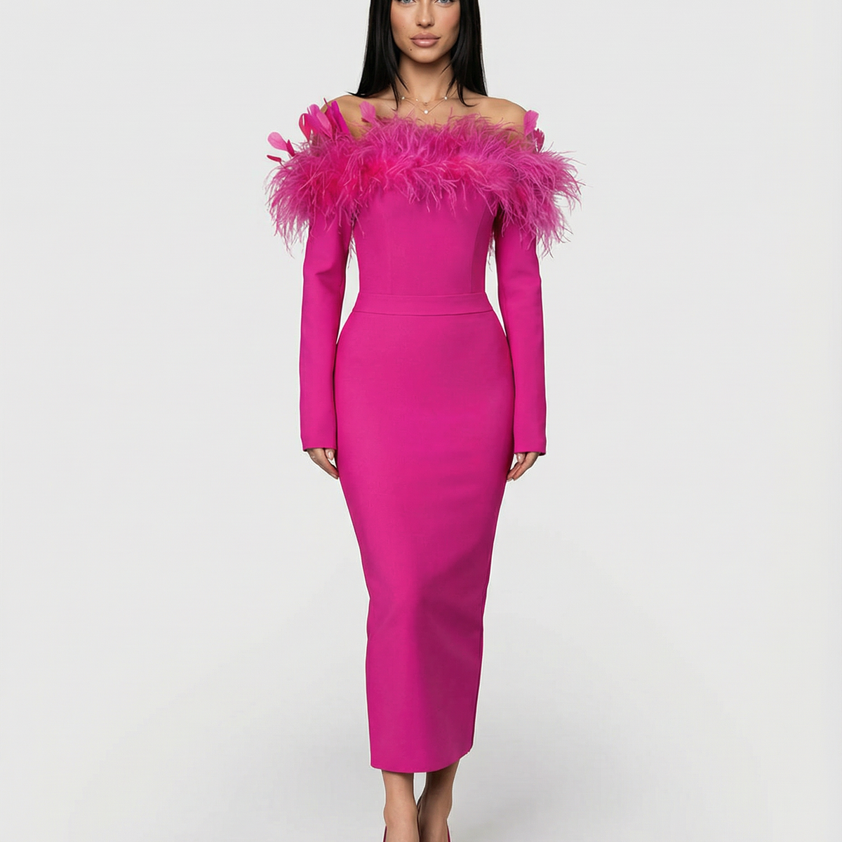 Kathleen | Off-Shoulder Midi Dress with Feather Trim