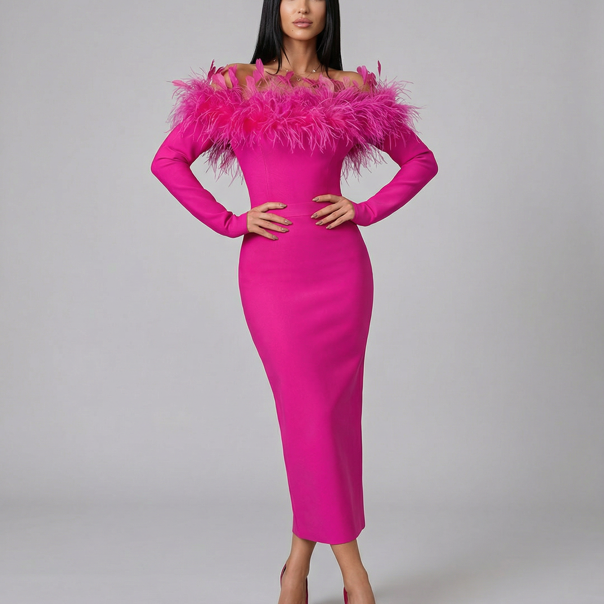 Kathleen | Off-Shoulder Midi Dress with Feather Trim