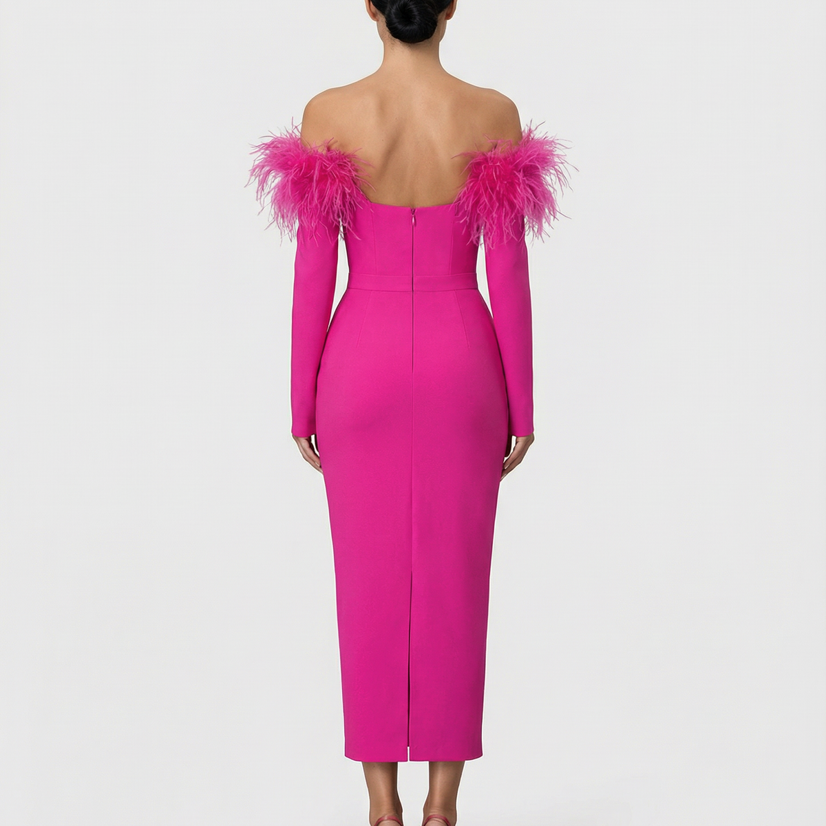 Kathleen | Off-Shoulder Midi Dress with Feather Trim