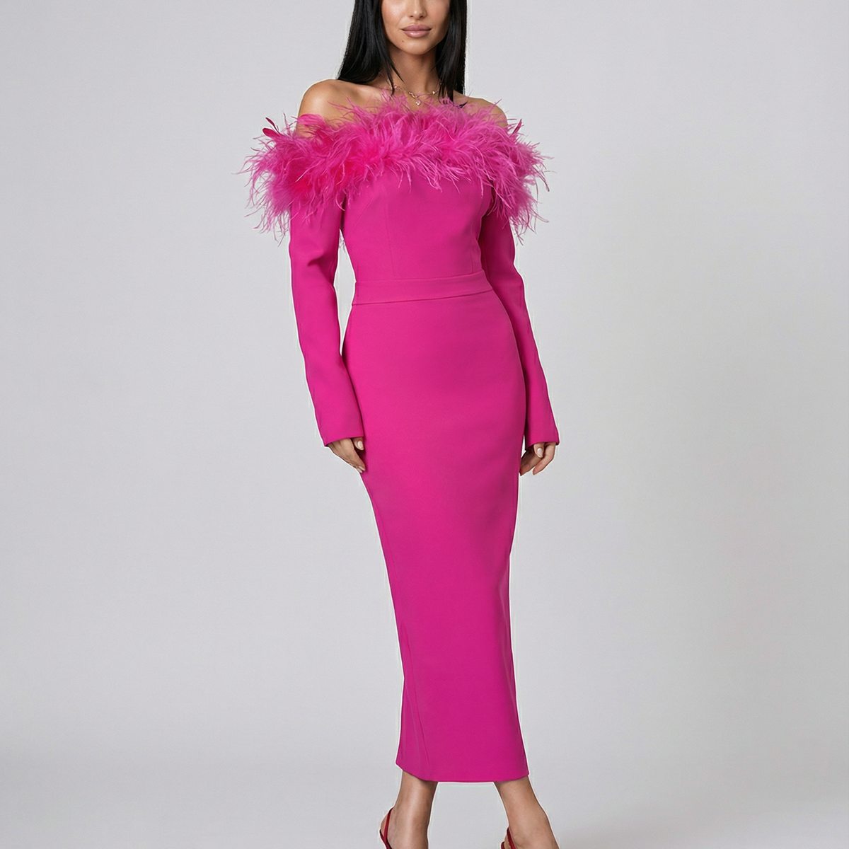Kathleen | Off-Shoulder Midi Dress with Feather Trim