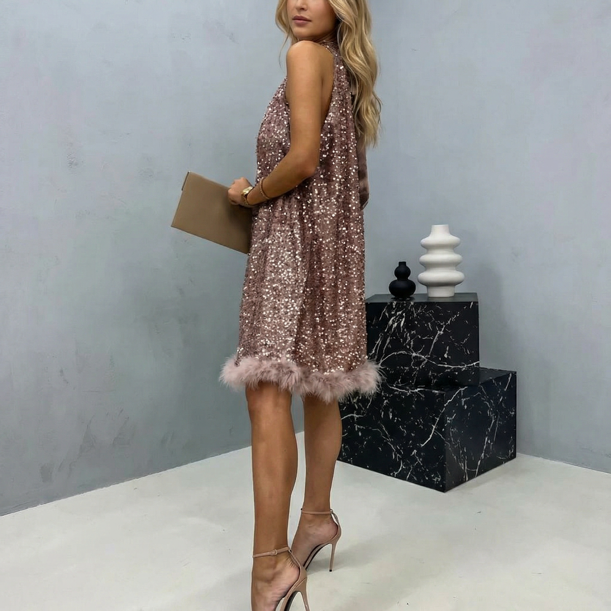 Pearl | Sequin Halter Mini Dress with Feather Hem