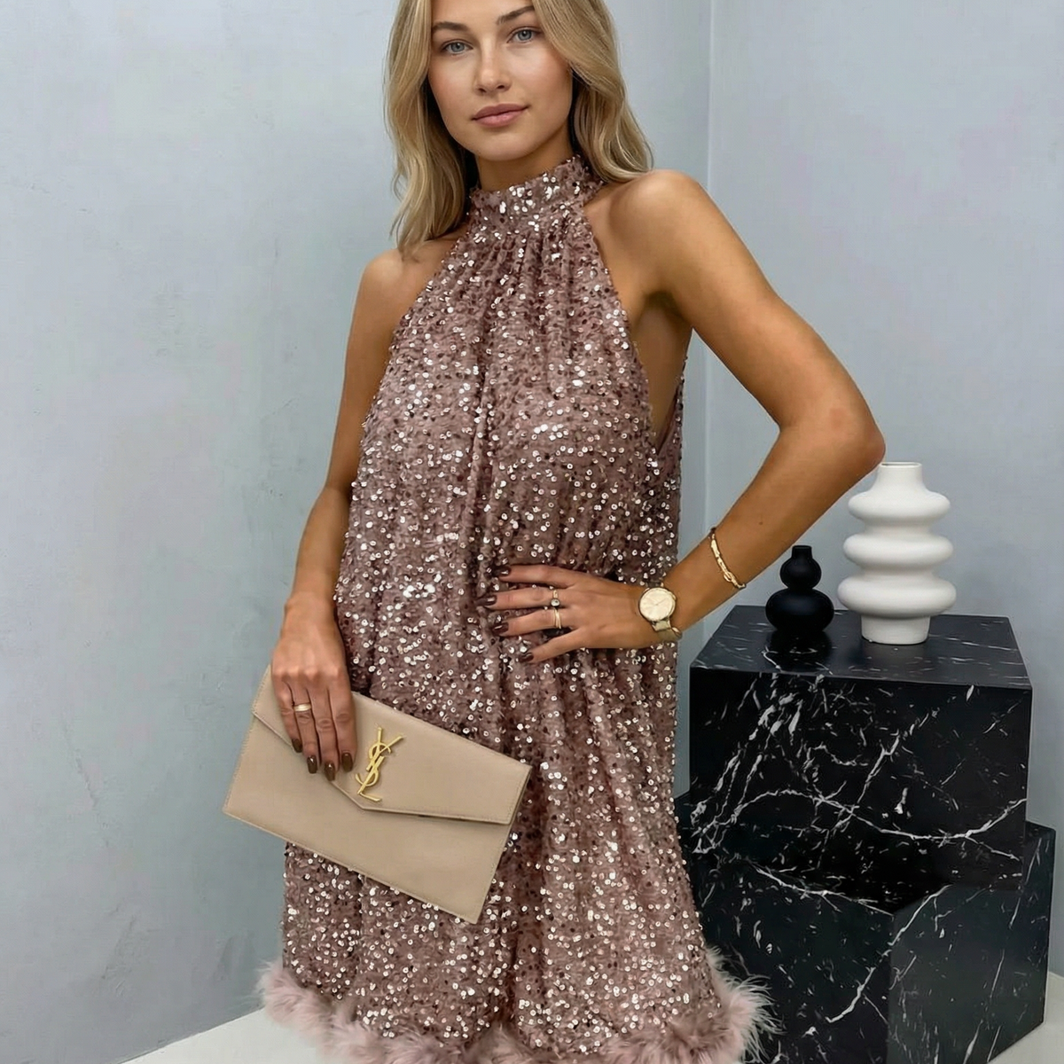 Pearl | Sequin Halter Mini Dress with Feather Hem